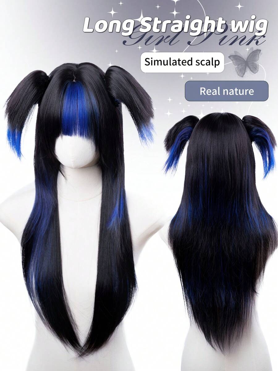 1 hitzebeständige synthetische Perücke mit Pony, mehrfarbige lange gerade Perücke, 28 Fuß lang, aus Fasern hergestellt, geeignet für täglichen Partygebrauch, natürliche Simulationsperücke