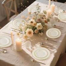 EI 60pcs Dark Blue Plastic Plates With Gold Rim Disposable, Blue Plastic Plates Disposable Party, Heavy Duty DinnerDessert Fancy Elegant Plate Wedding, Birthday, Afternoon Tea - 米色和金色塑膠盤子 - 查看 6