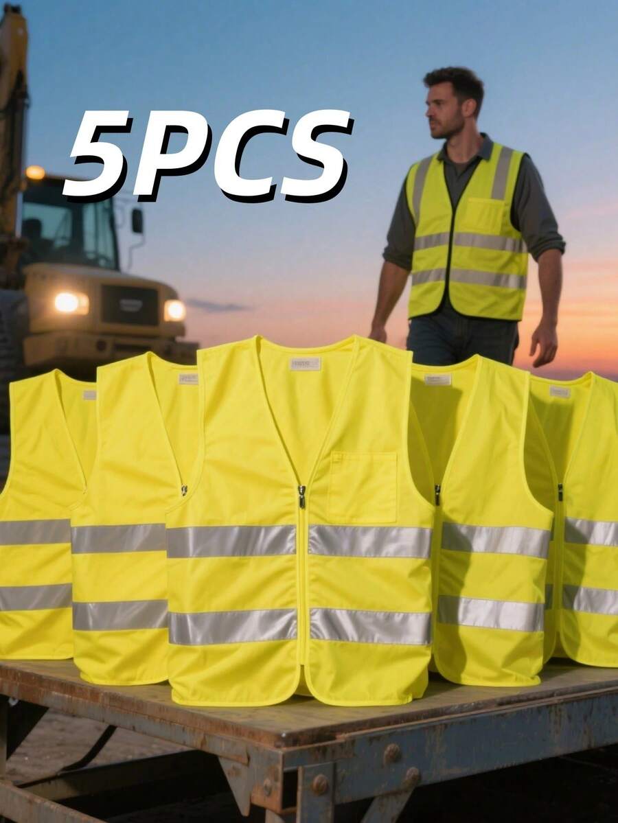 5PCS Men's High Visibility Vest With Reflective Stripes (Yellow & Orange) - Yellow - View 1