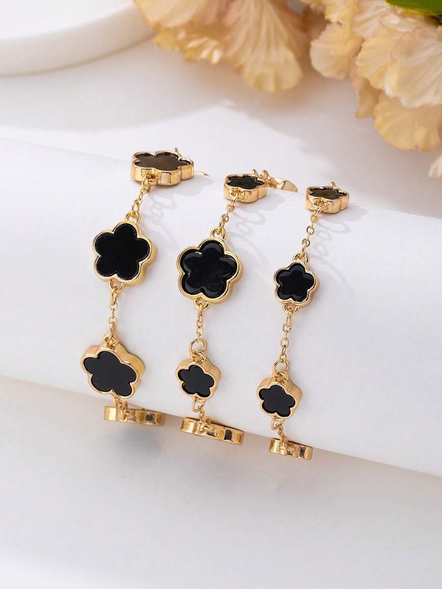 3pcs/Set Gelang Charm Klasik Mewah Berwarna Hitam & Clover untuk Wanita, Dapat Ditumpuk & Serbaguna untuk Musim Gugur/Dingin - Hitam - View 1