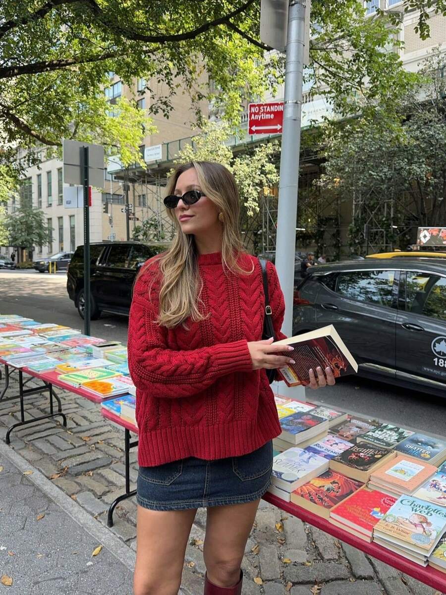 Joy Strick Damen Herbst/Winter Pullover, neues modisches All-Match Top, minimalistischer lässiger vielseitiger Rundhals Pullover Strickbluse - Bordeaux - Übersicht 1