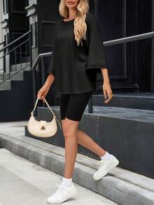 Womens 3/4 Bell Sleeve Oversized T Shirts Crewneck Casual Tunic Tops Loose Fit Fall  Tees - Black - View 3