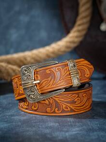 1pc Retro Western Style Personalized Buckle PU Printed Design Unisex Casual Fashion Belt - Patterned Pin Buckle - View 3