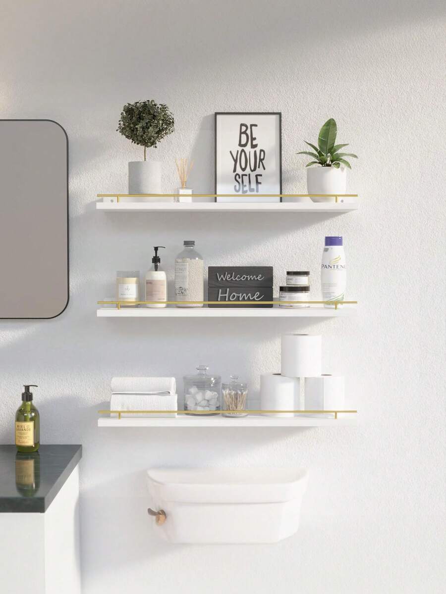 Floating Shelves With Metal Railing Wall Mounted 3 Tier Shelf For Bathroom Kitchen Bedroom - White - View 1