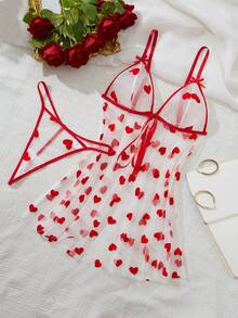 2pcs Women's Sexy Floral Mesh Robe Set, Front Tie Bow Decor Lingerie Set, For Christmas - Red - View 4