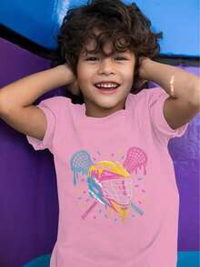 Lacrosse Ice Cream Drip Lax Boys & Girls Short Sleeve T-Shirt - 180g/㎡ Breathable Cotton, Geometric Pattern, Regular Fit Casual Top For Youth Players, All-Season Comfort, Sports Fan Apparel, Playful Graphic Tee, Comfortable Sports Shirt - 粉色 - 查看 2