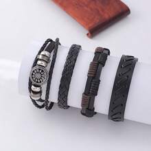 4pcs/Set Vintage Boho PU Leather Woven Handmade Bracelet Men Women Charm Bracelets Set Jewelry Accessories - 黑色 - 查看 5