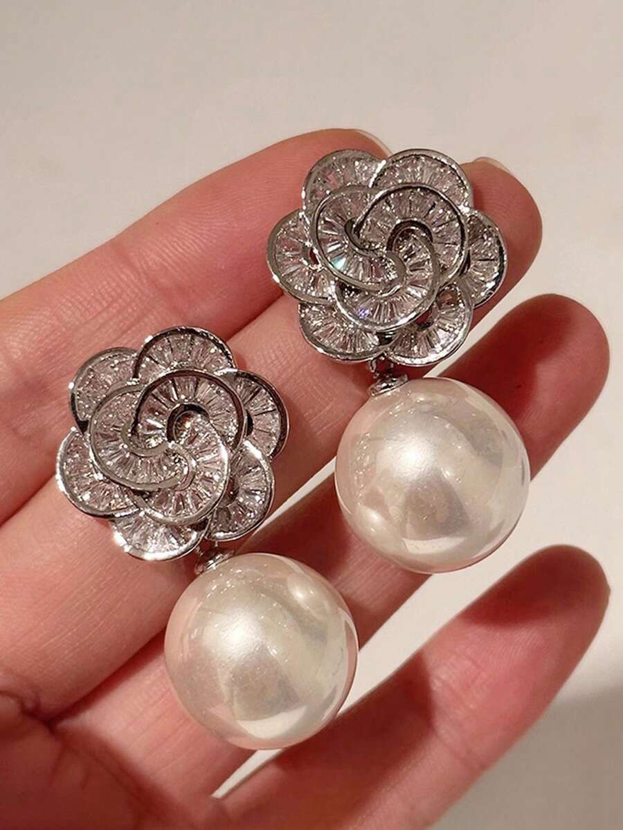 1 Cặp bông tai thả đính đá Cubic Zirconia và ngọc trai giả sang trọng dành cho nữ dùng làm trang sức dự tiệc kỷ niệm ngày cưới, đính hôn, quà tặng ngày lễ tình nhân - 1 # - Xem 1