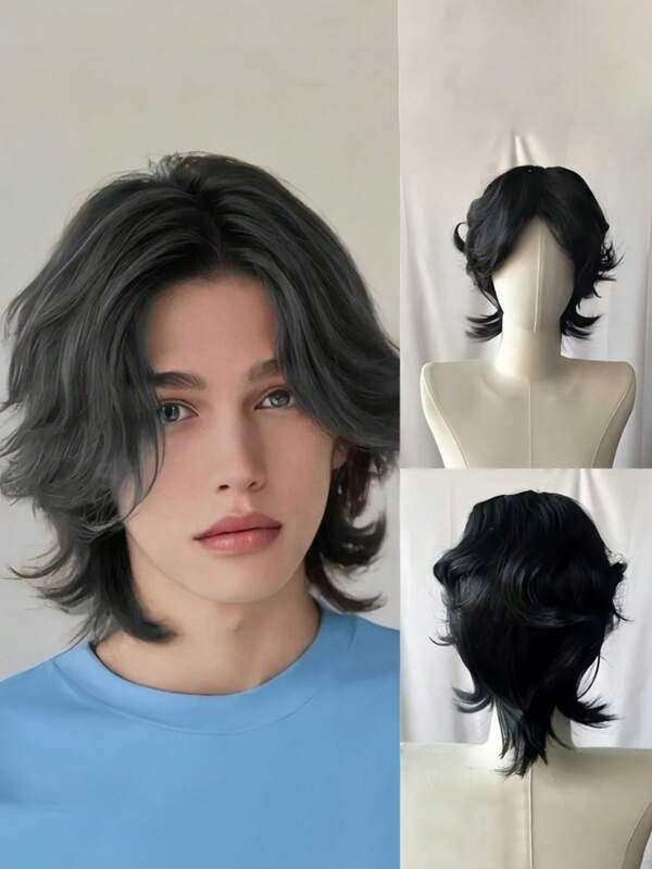 Men's Short Wolf Tail Carp Head Wig, Easy To Wear For Halloween Cosplay. Japanese Carp Head Cosplay Wig, Medium Long Straight Hair Wig Full Head Unisex Wolf Tail Realistic Hair