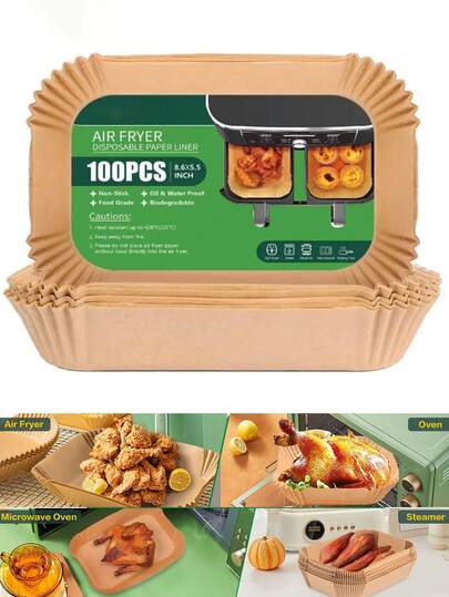 200/100/50 pezzi Fogli di carta da forno rettangolari antiaderenti per friggitrice ad aria e barbecue, utilizzati per una cottura più sana, facili da pulire, molto adatti per pollo, patatine fritte e verdure, accessori per friggitrice ad aria.