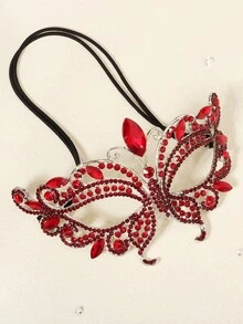 1pc Glass Rhinestone Butterfly Masquerade Mask, Unique Face Decor For Halloween Party - Red - View 3