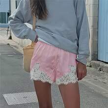 Boho Women's Lace Trim Satin Silk Shorts Shiny Elastic Waist Mini Shorts Pettipants Half Slip Shorts French Knickers Boyshorts For Dresses Full Coverage Underwear Lounge Pants - 粉色 - 查看 9