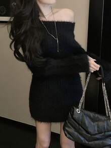 Autumn/Winter New Loose Knit Sweater Top, Solid Color - Black - View 3