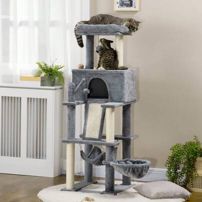 PawHut 55" Cat Tree For Indoor Cats, Cat Tower, Kitty Activity Center With Cat Bed Ramp Condo Hammocks Hanging Ball Toys Sisal Rope Scratching Post, Grey