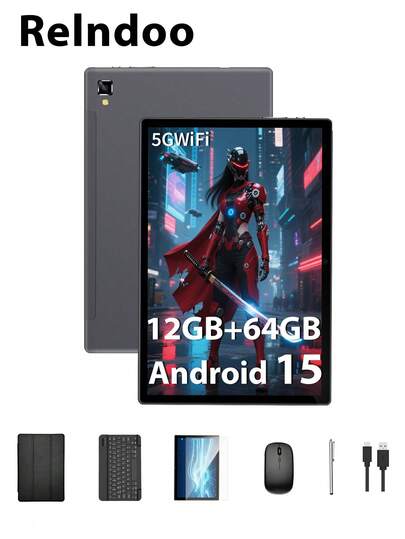 Relndoo Tablet Android 15 With Keyboard, 10.1 Inch Tablets, 4-Core 2Ghz/12GB RAM 64GB ROM/2.4G WiFi+WiFi 6/1280*800 FHD IPS Touch Screen/5MP+8MP Dual Camera/Type-C/8000mAh Large Battery/Supports 1TB SD Expansion (No Adapter)