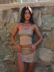 Women's Sequin Tassel Two-Piece Outfit Hlter Sleeveless V-Neck Crop Top Low Rise Mini Skirt For Party - Khaki - View 4
