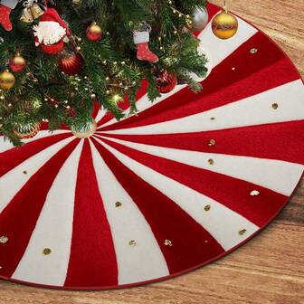 1件红白条纹圣诞树裙，涤纶纤维材质，适合节日和主题派对装饰，是家居、办公室和房间节日装饰的理想之选，传统圣诞树垫，场景装饰，节日氛围装饰，家庭办公室装饰，圣诞礼物，主题派对装饰，圣诞装饰厨房地毯