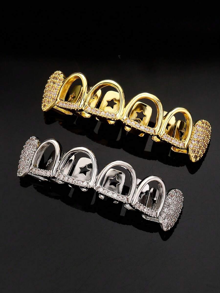 2PCS Iced Out Star Cutout Grillz, Golden & Silver Hip Hop Teeth Caps, Bling Rapper Dental Jewelry For Party