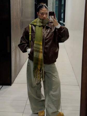 1pc Woman's Winter New Imitation Green Cashmere Plaid Scarf, Simple Fashion Tassel Ring Scarf Warm Shawl Unisex Cold, Suitable For Daily Travel, Casual Wear For Dress