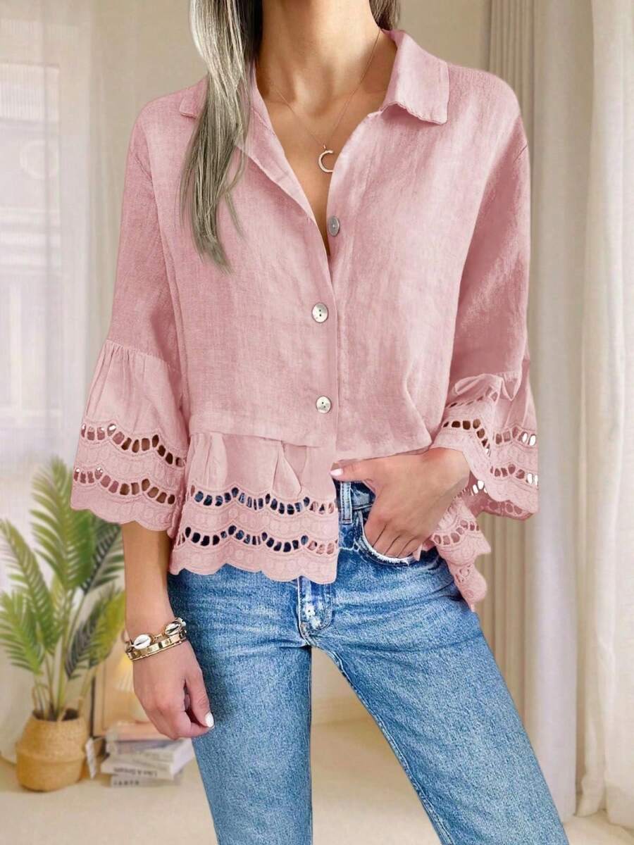 Women's Blusas Casuales De Mujer Casual Shirts, Ruffle Hem And Eyelet Details, Button Down Lapel Tops, Large Lace Bell Sleeves Cutout Lace Blouses Elegant Women's Tops Fall Clothes For Women - Hồng - Xem 1