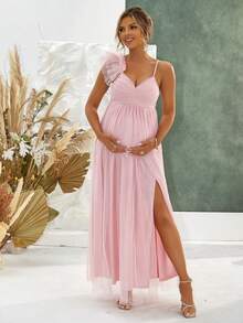 Irresista Pregnant Women Solid Color Pleated Mesh Patchwork Ruffle Hem Elegant Dress - Pink - View 7