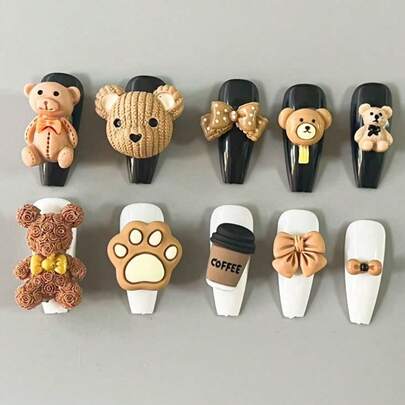 Bộ 60 chiếc/bộ 3D dễ thương màu nâu chủ đề mùa thu/đông, hình gấu, kẹo mút, dấu chân, lượn sóng, mũi nhọn, nơ, nơ nhỏ, nhiều kích cỡ khác nhau, thích hợp trang trí móng tay kiểu Pháp, phù hợp cho điện thoại, laptop, kẹp tóc, đồ thủ công DIY, mặt dây chuyền trang sức.