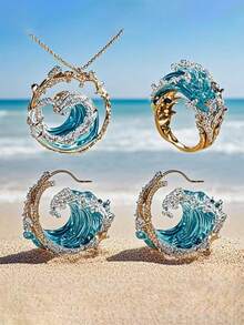 1/2/4 pezzi Set di collane a onde, anello a forma di onda del mare di lusso leggero e creativo, orecchini, anello versatile in quarzo cristallo Torina per donne, anello terapeutico magnetico di drenaggio linfatico in quarzo cristallino, anello cavo multicolore con strass