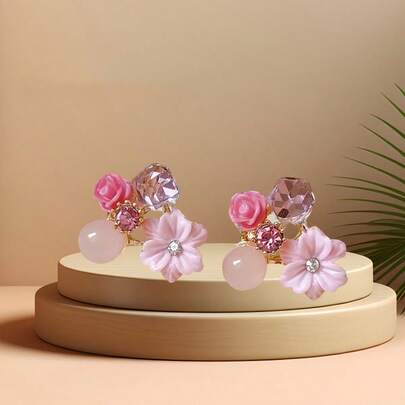 1 Par de Brincos de Botão Floral Macio e Fashionable com Cristal Falso