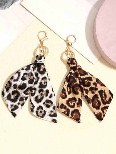 2pcs Satin Leopard Print Bow Keychain, Car Pendant, Bag Charm, Casual Cute Elegant Bohemian Zinc Alloy, Suitable For All Seasons Christmas Gift Ideas Bag Lanyards With Id Holder Car Accessories Bag Charms Car Accessories Teacher Friend Sister