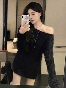 Autumn/Winter New Loose Knit Sweater Top, Solid Color - Black - View 2