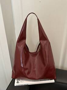 Borsa a spalla in pelle PU di colore unito di grande capacità, adatta per uso quotidiano - Rosso - Visualizzare 7