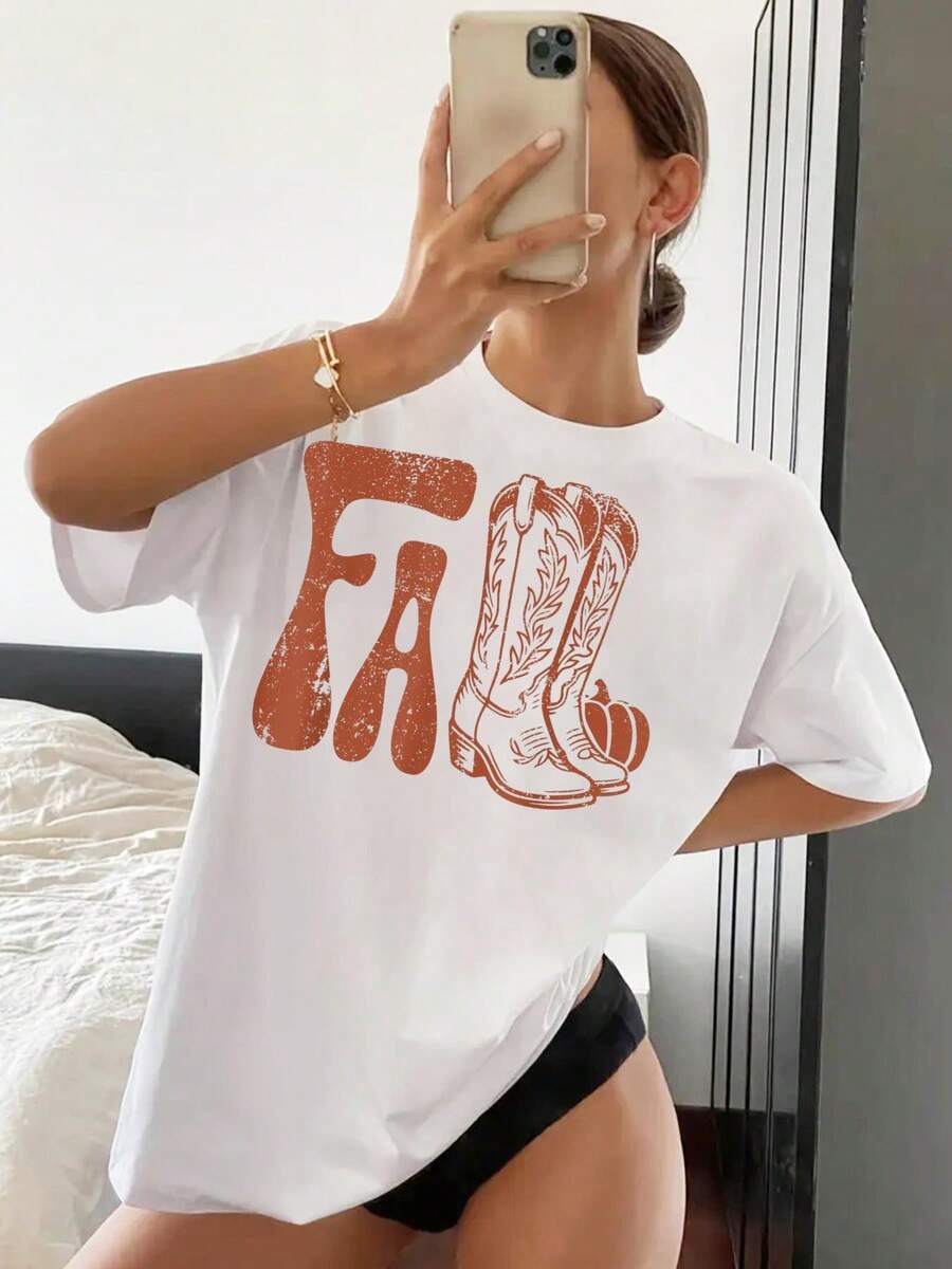 100% Cotton Christmas Women Shirt Western Cowgirl Boots Fall Thanksgiving T-Shirt - White - View 1