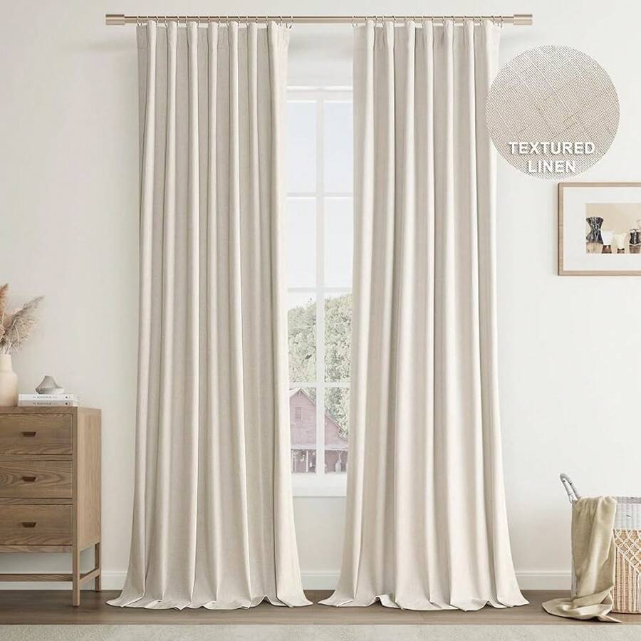 Beige Linen% Blackout Curtains 84 Inch Long, Rod Pocket/Back Tab/Hook Belt/Clip Rings, Thermal Insulated Drapes Bedroom Living Room With Hooks (1 Panel, 60 X 84), Stylish Window Treatments - 灰褐色 - 查看 1