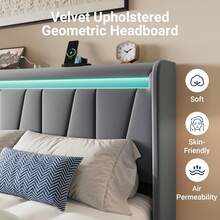 Allewie Full/Queen/King Size LED Bed Frame With Charging Station, Velvet Upholstered Platform Bed With Geometric Wingback Headboard, Modern Frame With No Box Spring Needed, Easy Assembly, Grey - 灰色 - 查看 4