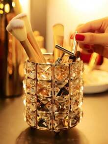 1pc Makeup Brush Holder Organizer Golden Crystal Bling Personalized Gold Comb Brushes Pen Pencil Storage Box Container (Handmade Product With Minor Imperfections That Do Not Affect Usage) ,Jewellery Box,Pouch,Makeup Brush Holder,Brush Holder,Perfume Organiser,Pouch Bag