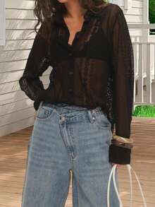 Women Sheer Lace Blouse Loose Casual Long Sleeve Button-Up Collared Shirts For Spring Fall - Black - View 4