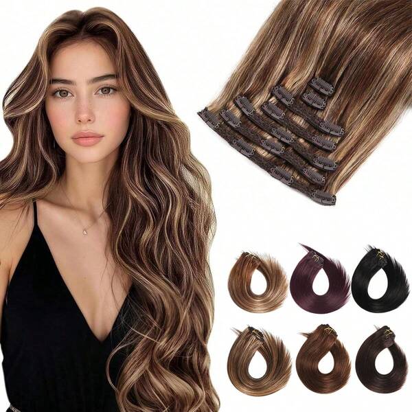 Clip In Human Hair Extensions Remy Brazilian Clip On Real Human Hair Extensions #4/27 Chocolate Brown To Caramel Blonde Invisible Double Weft Straight Natural Clip Ins Hair For Women 70g/7 PCS