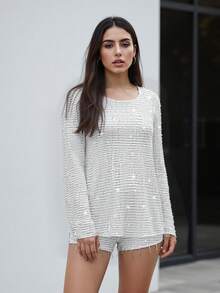 Women 2 Piece Sequins Tassel Shorts Set Casual Sparkly Long Sleeve Crewneck T Shirt Top Shiny Glitter Party Nightout - 銀色 - 查看 3