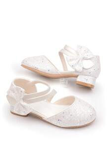 Girls' Princess Crystal High Heel Shoes With Bow, White, Spring/Autumn