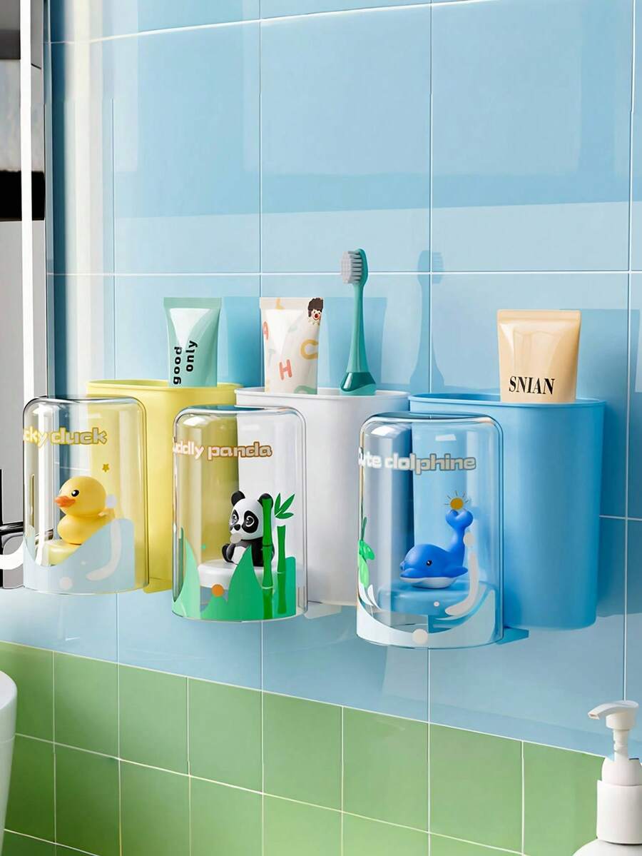 1 peça adorável desenho animado golfinho e urso suporte de escova de dentes de parede com copo de enxágue - plástico ABS durável, organizador de banheiro multifuncional para pasta de dente e escovas, decoração fofa de banheiro