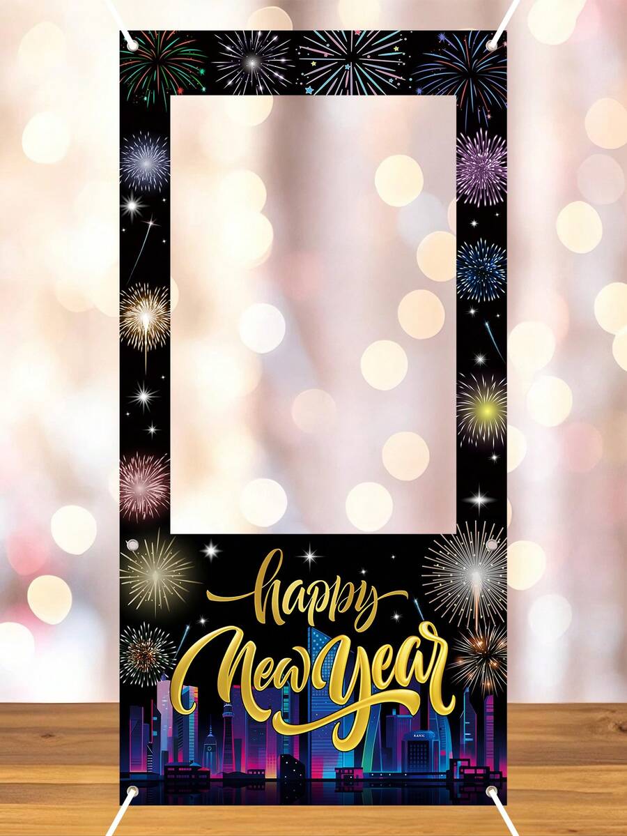 1件新年快乐相框横幅，烟花图案乙烯基相框道具，摄影道具，新年活动摄影配件，新年快乐装饰，新年家居装饰，新年派对用品，除夕仪式装饰