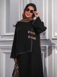 Hafizah Đầm Abaya kiểu Dubai Trung Đông với gấu xếp ly và cúc da, màu đen, thích hợp cho mùa xuân. - màu đen - Xem 5