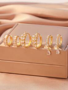 6pcs/Set Copper Zirconia Stone Simple Elegant Multi-Element Earrings Set, Fashion Versatile Women Jewelry Earrings Suitable For Mother's Day Gift - Yellow Gold - View 12