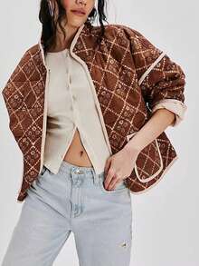 Women's Cropped Quilted Jacket Floral Printed LightWeight Padded Puffer Cardigan Coat Outwear - 巧克力棕 - 查看 1