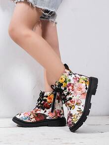 Girls' Floral Print Shiny Patent Leather Lace-Up Short Ankle Boots, Non-Slip Toddler Walking Shoes - White - View 2