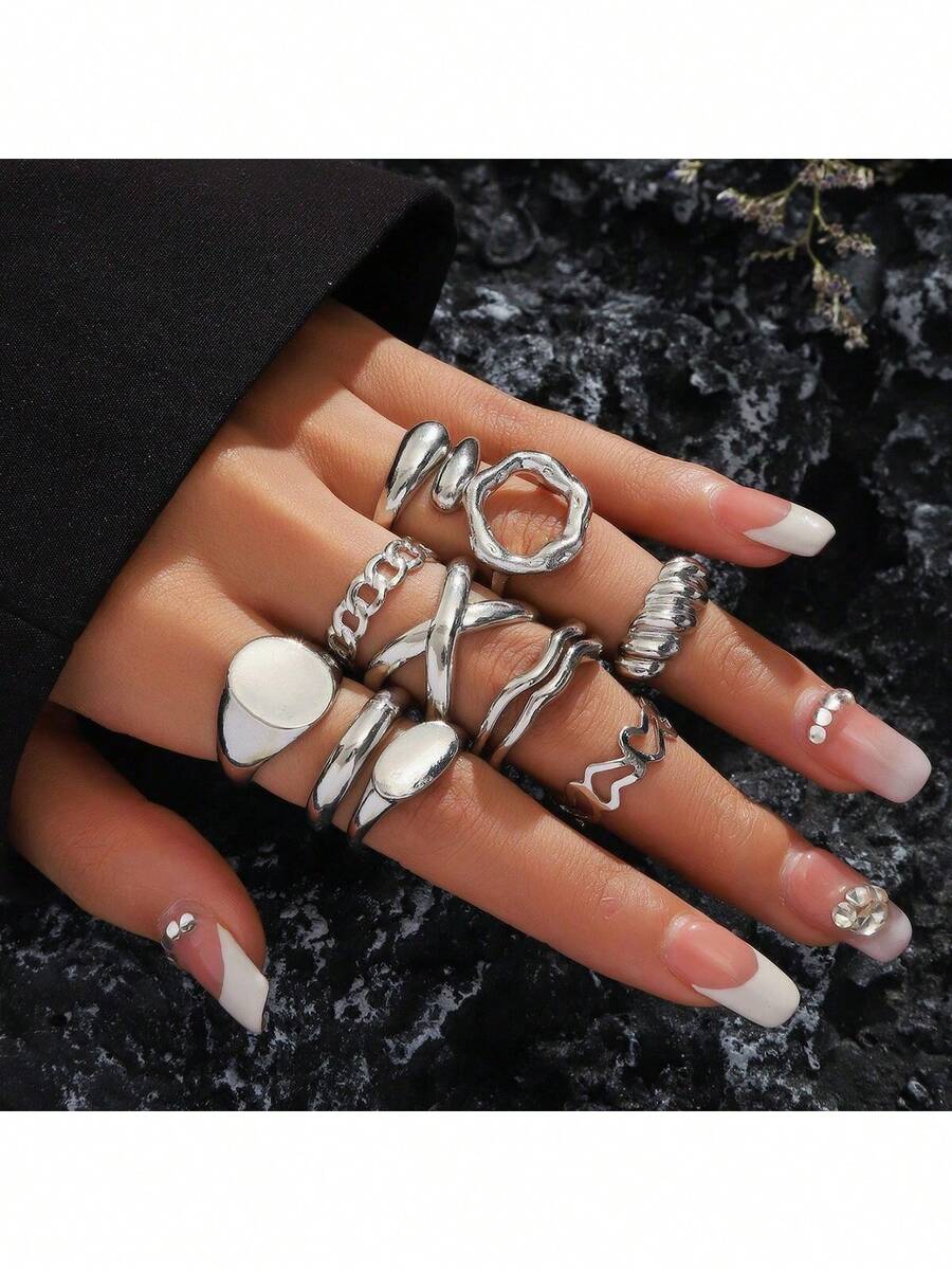 Set 10 buah cincin polos bergelombang, cincin minimalis model silang melingkar yang halus, cocok untuk wanita, sesuai untuk kencan, pertemuan, dan pesta. - Cincin perak 10 potong - View 1