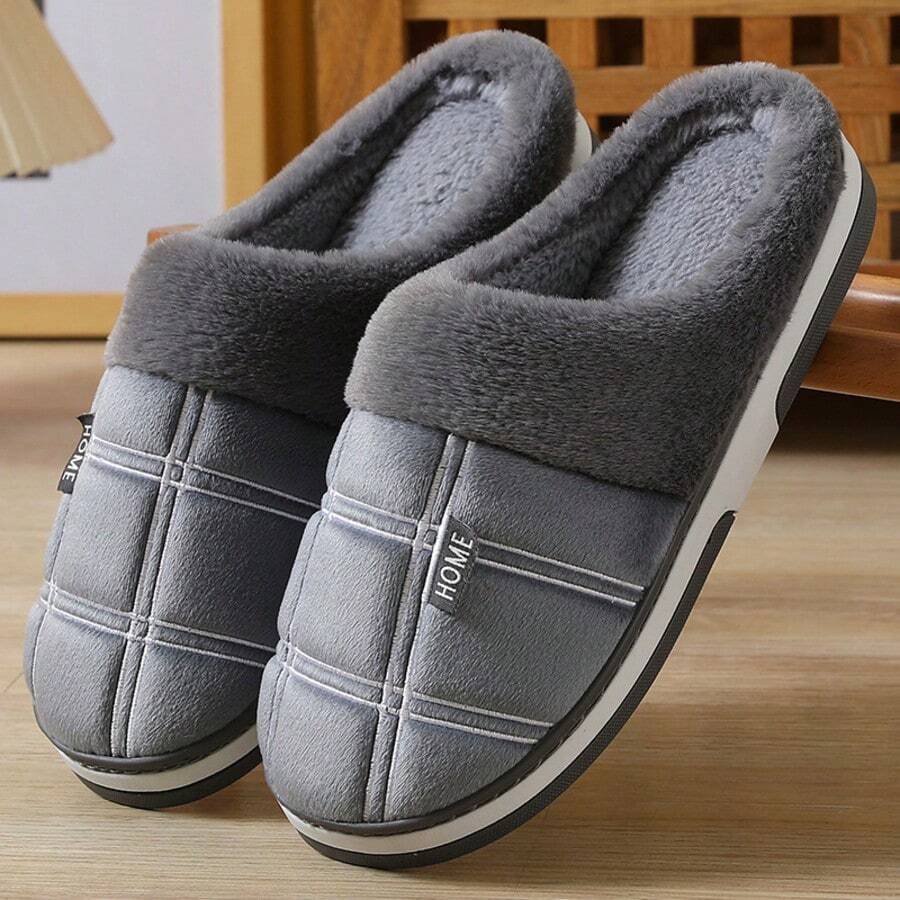 Men's Home Slippers, Warm And Plush In Winter, Soft And Comfortable For Home Use. Grid Patterned Slippers For Men's Indoor Large-Sized Cotton Slippers - 灰色 - 查看 1