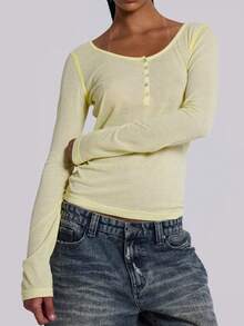 Women's Elegant Fitted Knit Top Wide Round Neckline Sheer Button-Up Long Sleeve T-Shirt Knit Henley Top - 黃色 - 查看 1