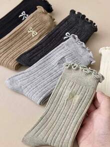 4双装女士随机甜美蝴蝶结荷叶边JK风格舒适百搭中筒袜 - 彩色 - 查看 2
