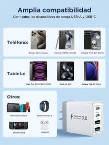 Aioneus Cargador Tipo C, Cargador USB C Carga Rápida 40W Cubo PD+QC Rapido 4-Puertos Adaptador con Cable 2M 60W, USB A y USBC Charger para iPhone 16 15 14 13 12 11 Pro MAX XS XR, Galaxy S25 S24 - blanco - Ver 5